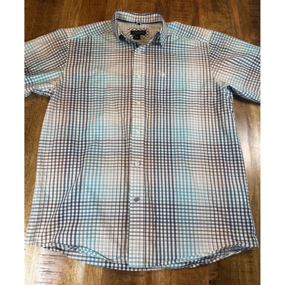 Ariat Pro Series Mens L Plaid Short Sleeve Western Shirt Vent Tek Blue